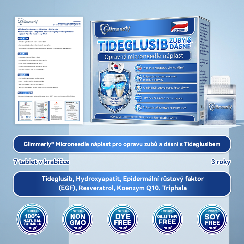 🦷Glimmerly® Microneedle naplast pro opravu zubi a dasni s Tideglusibem |Pokročilé zubní pásky s aktivací kmenových buněk (obnovuje sklovinu a dentin • posiluje dásně • odstraňuje plak a zápach • zastavuje citlivost zubů) 3.0