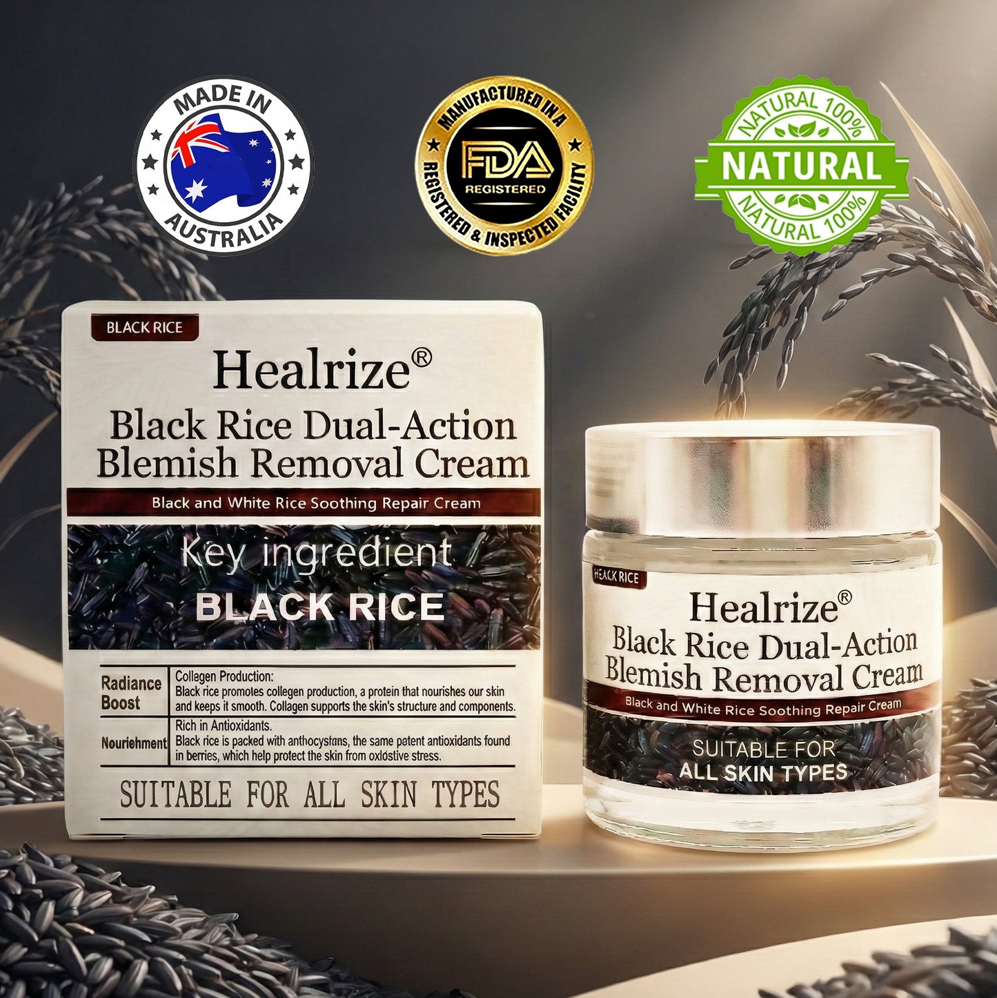 🏅𝙏𝙂𝘼 𝘼𝙥𝙥𝙧𝙤𝙫𝙚𝙙 | Healrize® Black Rice Dual-Action Blemish Removal Cream